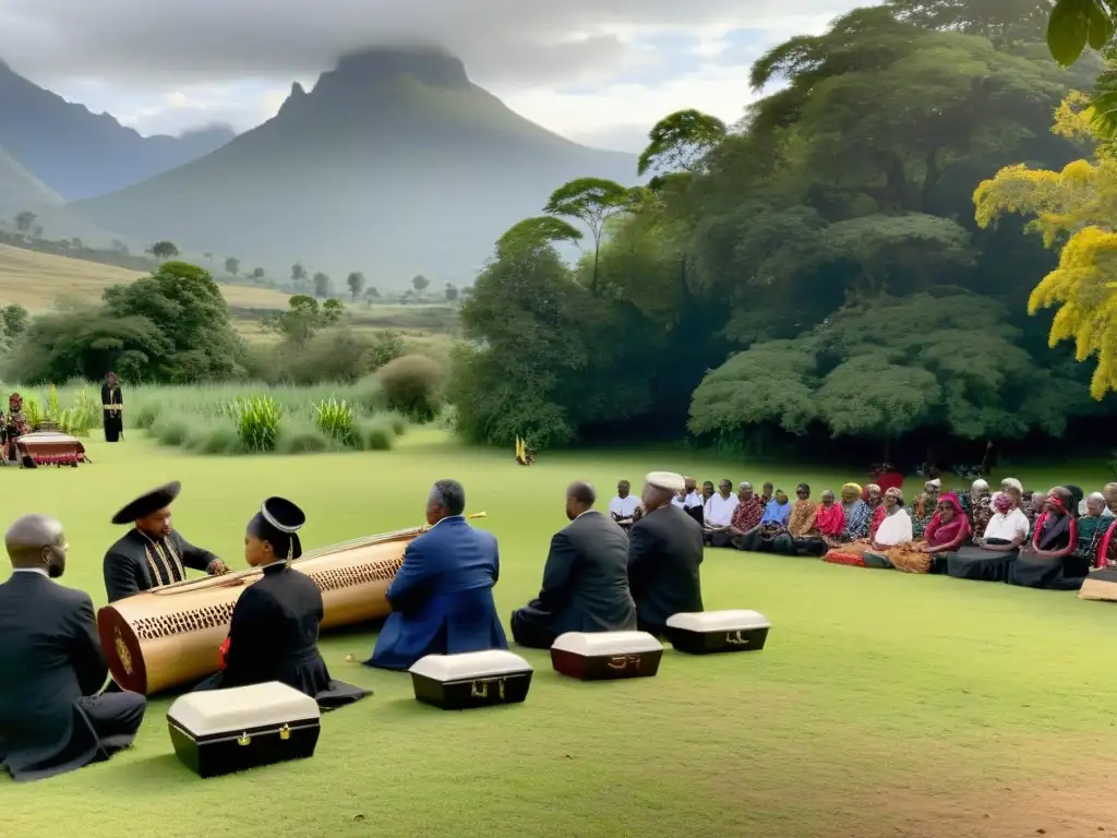 Imagen de músicos de diferentes culturas tocando música ceremonial funeraria en un entorno reverente y diverso al aire libre