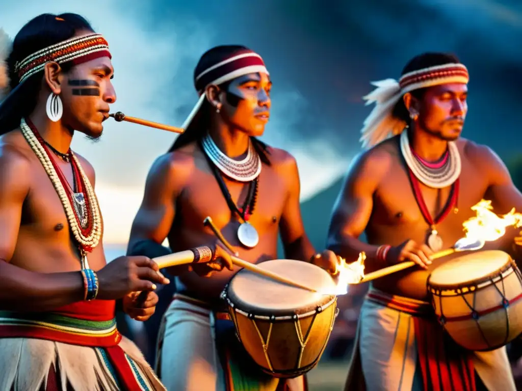 Imagen de músicos indígenas tocando instrumentos tradicionales durante un ritual sagrado, rodeados de antorchas