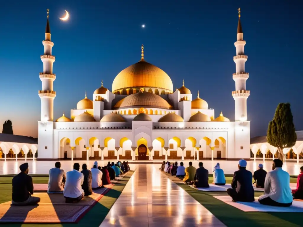 Imagen nocturna de una mezquita iluminada por la luna, con fieles rezando en la Noche del Destino en el Islam