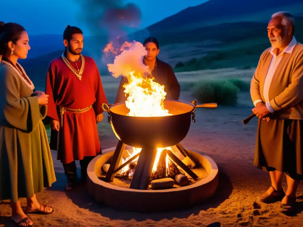 Imagen nocturna de un ritual Queimada Gallega con participantes alrededor de un caldero en llamas, evocando tradición y misticismo