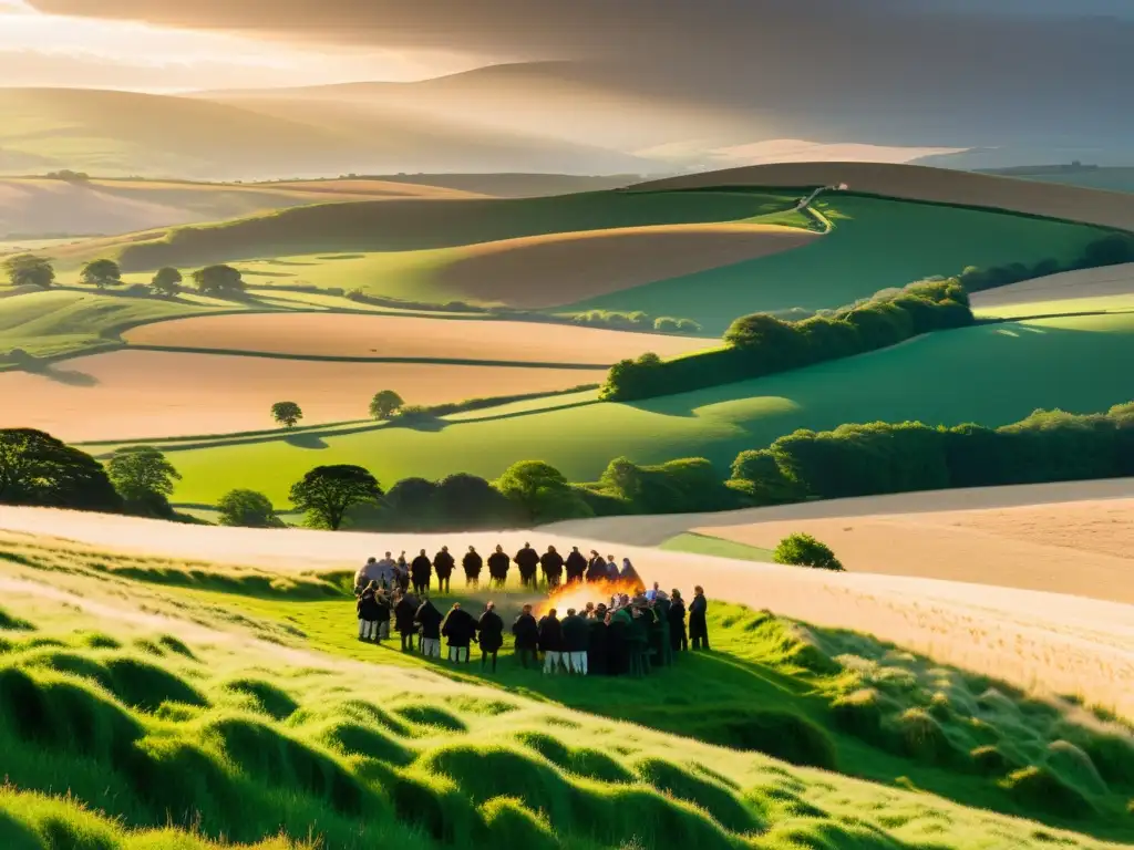 La imagen muestra un paisaje celta exuberante con una celebración festiva al atardecer