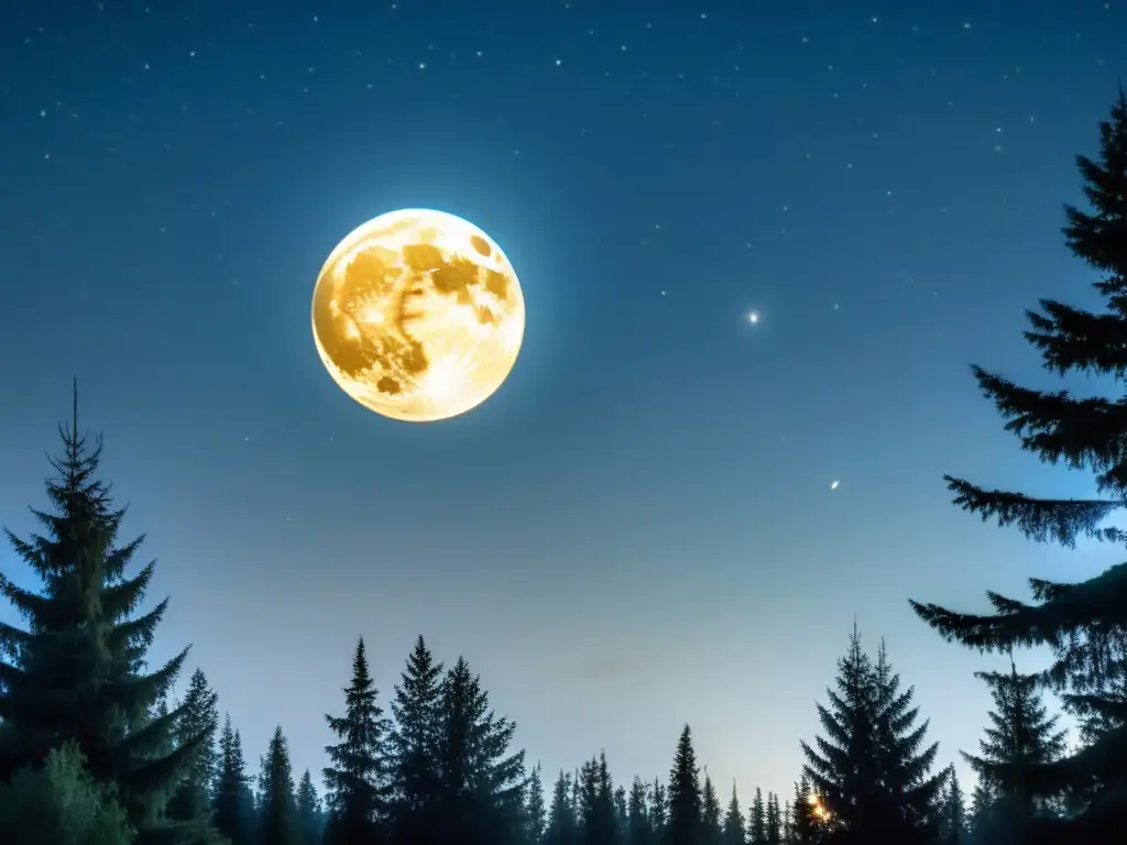 Imagen de un paisaje nocturno sereno con luna llena iluminando un bosque, ideal para Apps rituales Luna Nueva y Llena