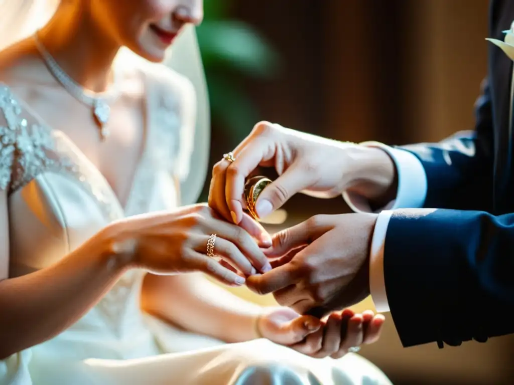 Imagen de alta resolución de una pareja intercambiando anillos de boda, destacando el significado de este ritual