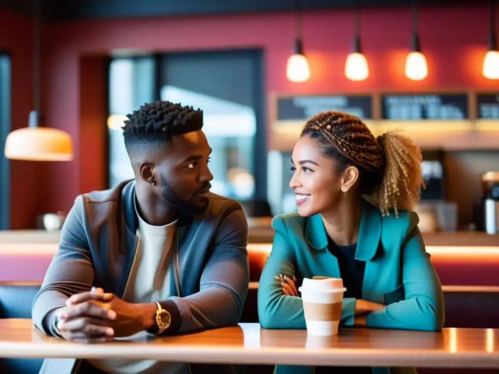 Imagen de pareja en cafetería moderna, conectando en animada conversación