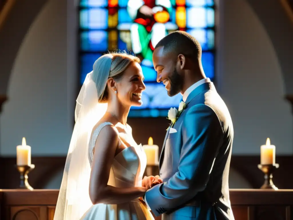 Imagen de una pareja cristiana intercambiando votos en el altar, iluminados por la luz natural en una iglesia