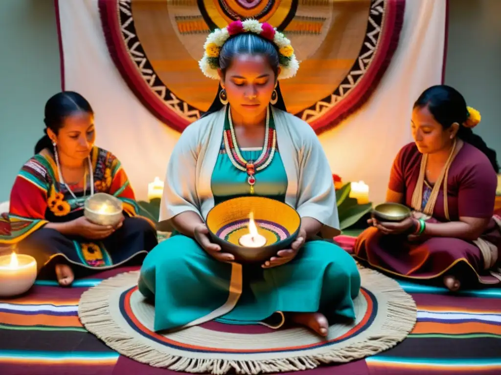 Imagen de una partera maya realizando un ritual sagrado en ceremonia de nacimiento, rodeada de mujeres y símbolos coloridos