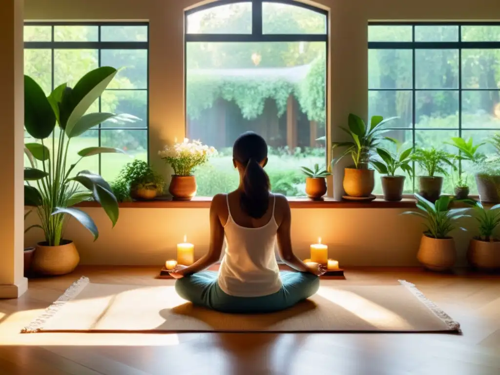 En la imagen, una persona medita en un espacio sereno y soleado con vistas a un jardín exuberante, transmitiendo calma y tranquilidad