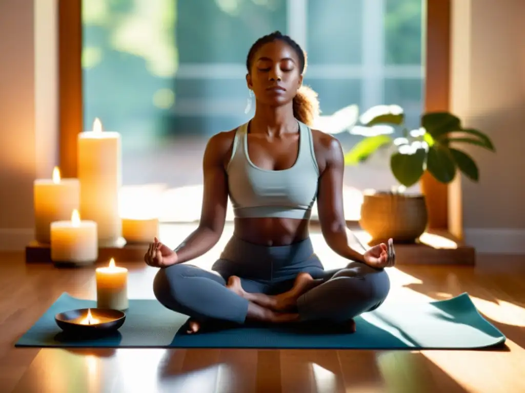 Una imagen de una persona meditando en una habitación iluminada por el sol, rodeada de velas, aceites esenciales y una aplicación de meditación