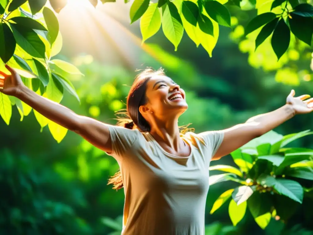 Imagen de una persona rodeada de exuberante vegetación, con los brazos abiertos y una expresión de alegría, disfrutando de la abundancia natural