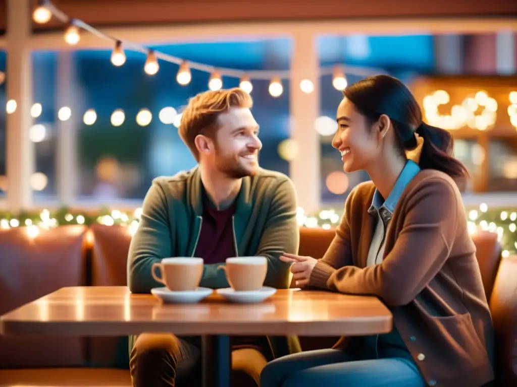 Una imagen de dos personas en una acogedora cafetería, inmersos en una conversación íntima rodeados de luces de hadas