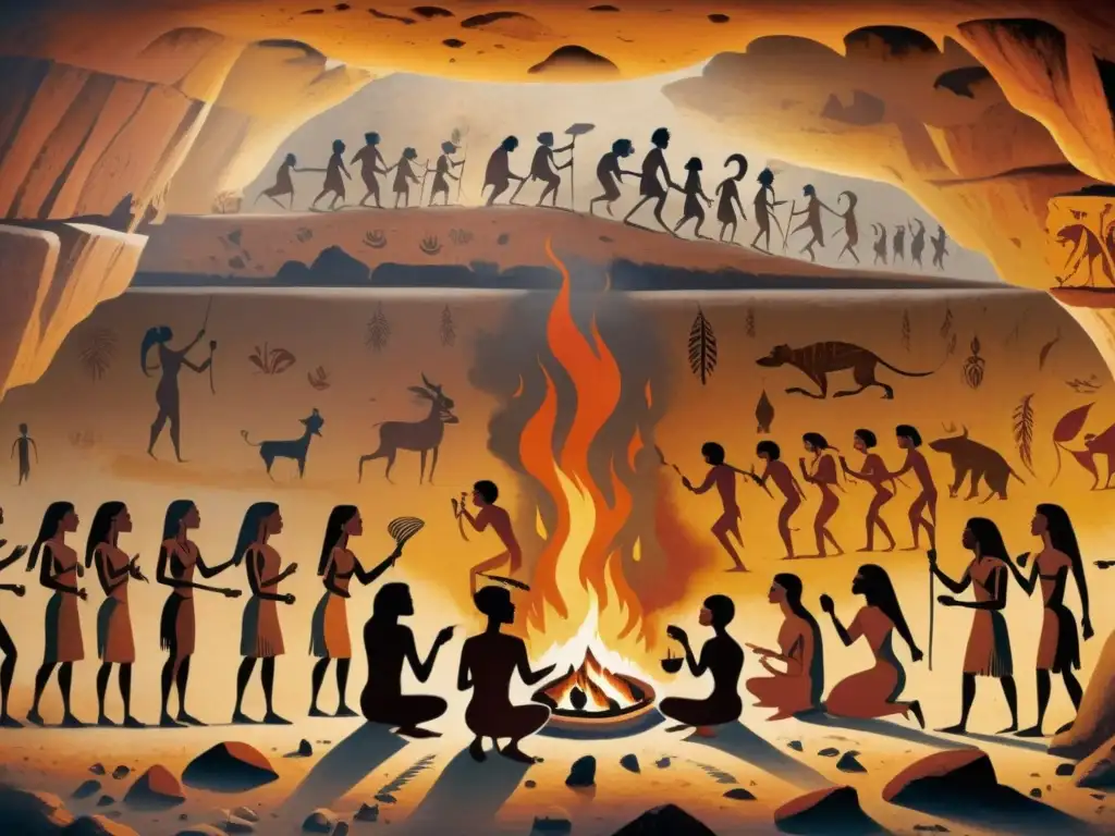 Imagen de una pintura rupestre que muestra a humanos prehistóricos practicando la adivinación alrededor de un fuego