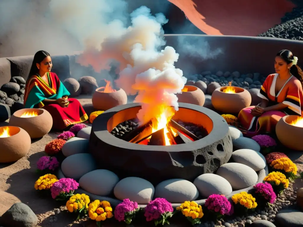 Imagen de un poderoso ritual de purificación en un temazcal mexicano, con participantes, textiles y ofrendas florales, envueltos en vapor