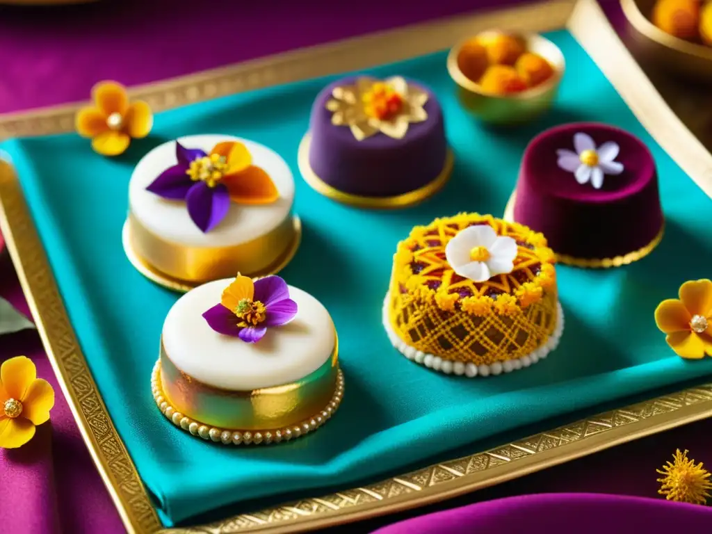 Una imagen de postres tradicionales decorados con flores comestibles y hojas de oro, sobre un textil vibrante