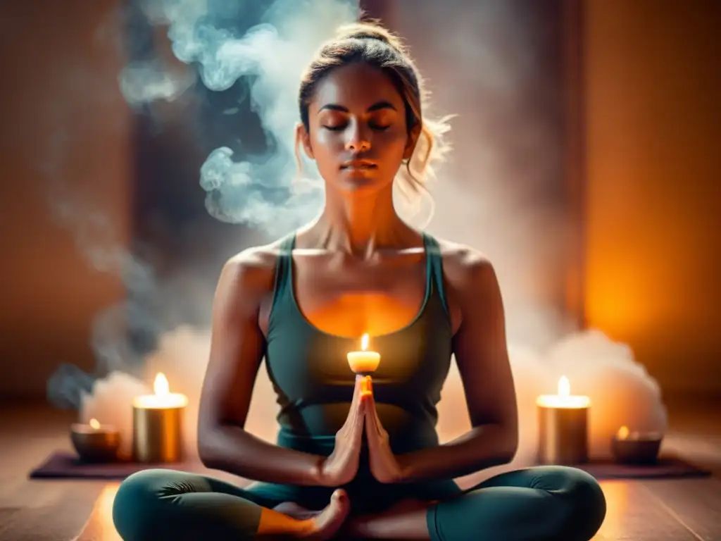 Una imagen de un practicante de yoga en meditación, rodeado de humo de incienso y luz de velas