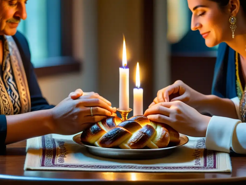 Imagen con profundidad espiritual en la mesa de Shabat, familia judía en oración, velas y elementos rituales en primer plano