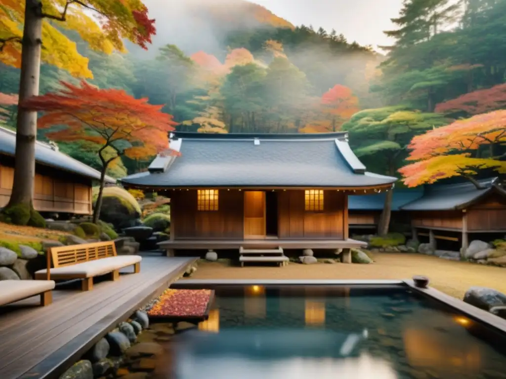 Imagen 8k de un relajante ritual de purificación en un Onsen japonés, con baños de aguas termales, arquitectura tradicional y bosque sereno