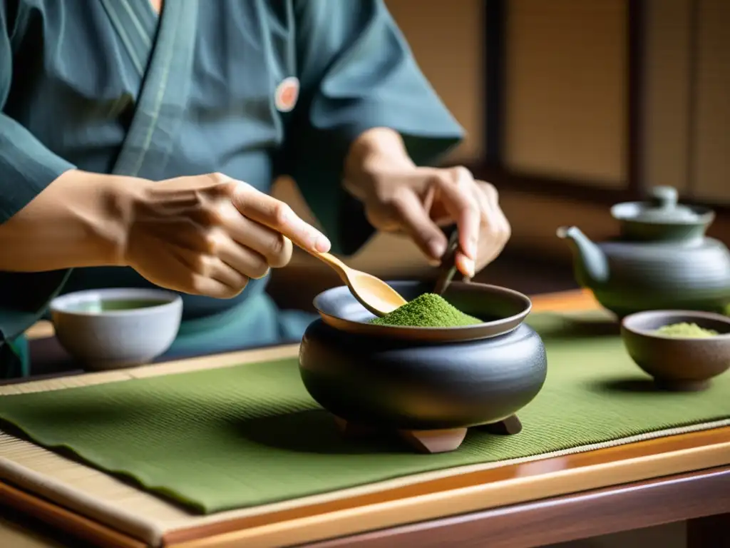 Imagen de alta resolución de una ceremonia del té japonesa tradicional, con movimientos delicados y concentración serena