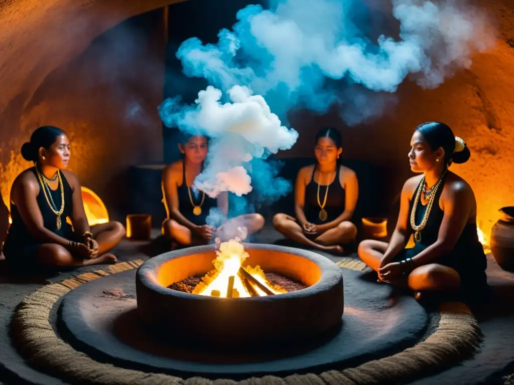 Una imagen de alta resolución de una ceremonia tradicional de temazcal maya, con humo de copal que impregna el interior tenue de la cabaña de sudor