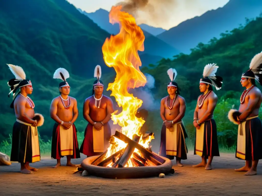 Una imagen de alta resolución muestra a un grupo de personas indígenas realizando un ritual en un entorno natural, evocando la riqueza cultural y espiritual de los rituales de las culturas indígenas documentados