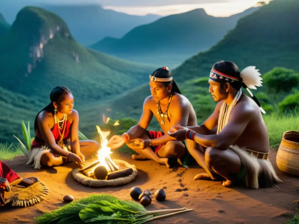 Una imagen de alta resolución de un grupo de personas indígenas realizando un ritual cultural en un entorno natural remoto, destacando la riqueza de detalles de la vestimenta ceremonial, gestos y accesorios utilizados