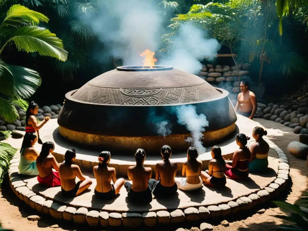 Imagen de alta resolución de un ritual de Temazcal maya, con participantes en conexión con la naturaleza