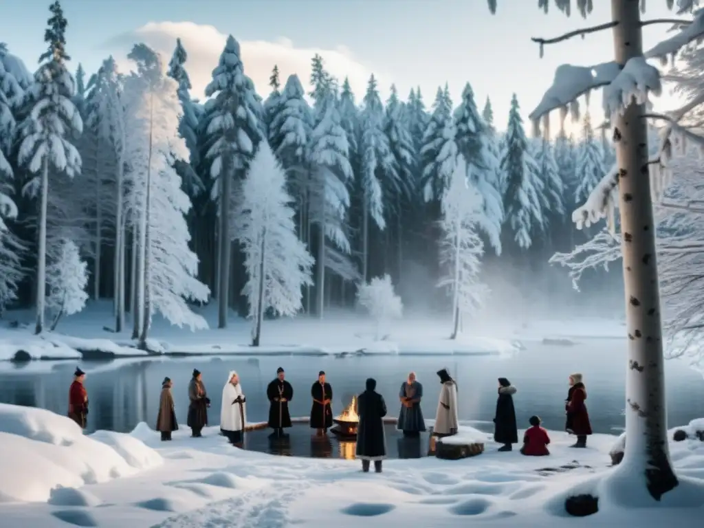 Imagen de un ritual nórdico inmersión agua helada en un bosque nevado con personas en trajes tradicionales