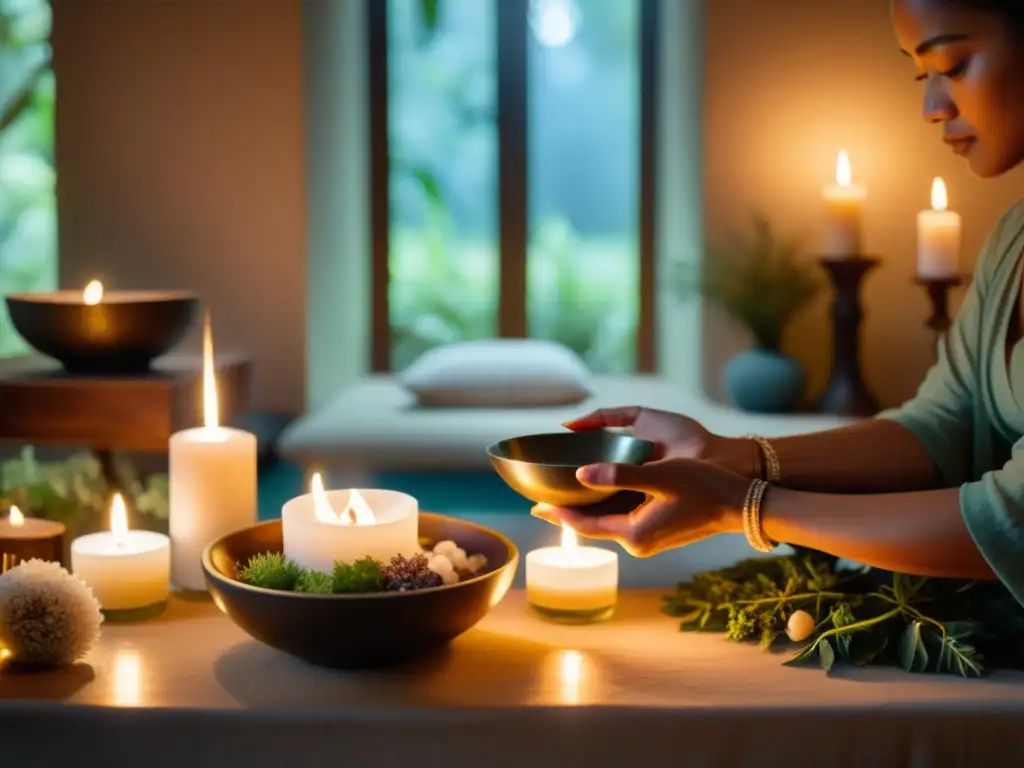 Imagen de ritual de renovación con agua sagrada en una habitación serena iluminada por velas, con altar de cristales y hierbas