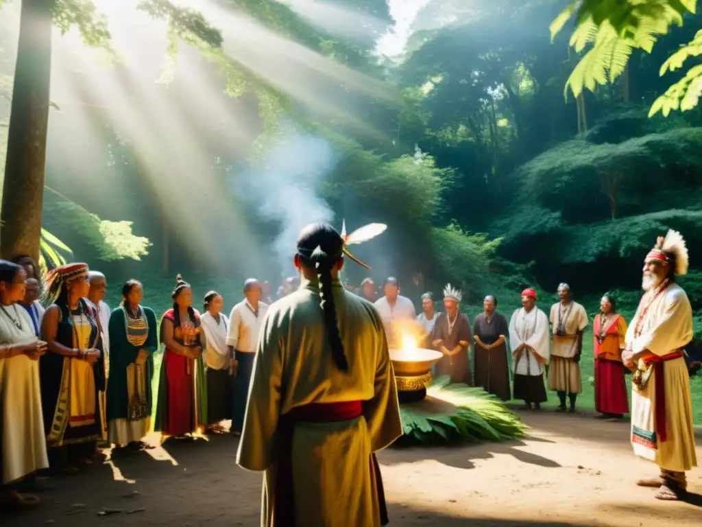 Imagen de ritual ancestral en el bosque: conexión espiritual con Apps rituales ancestrales