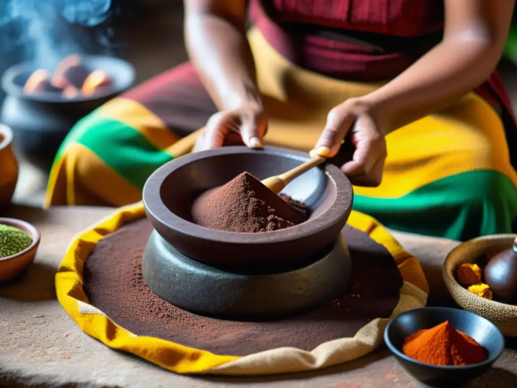 Imagen de un ritual gastronómico sagrado del mundo: elaboración de chocolate maya con cacao, textiles vibrantes y manos expertas