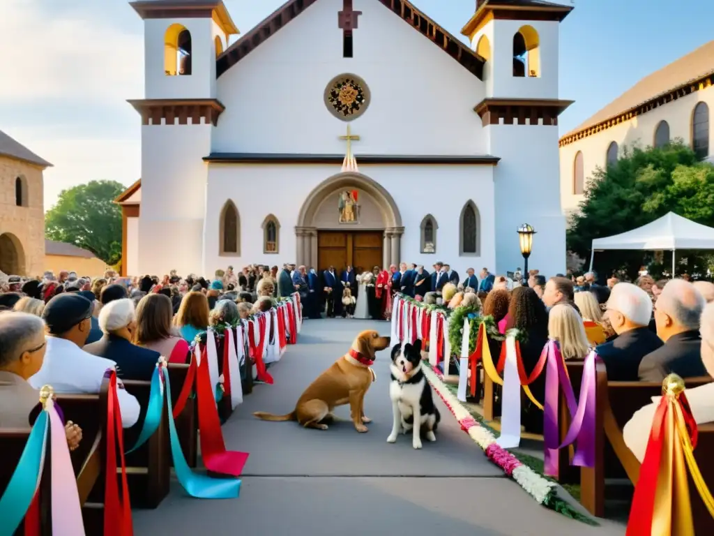 Imagen de ritual de integración de mascotas en espacios sagrados, con animales variados bendecidos por un sacerdote en una iglesia histórica