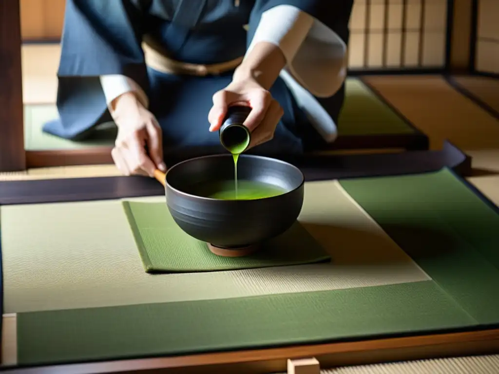 Imagen de un ritual de té japonés espiritual en una habitación minimalista, donde una maestra del té prepara matcha con gracia y concentración