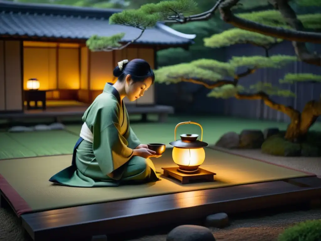 Imagen de un ritual japonés nocturno, con té servido en un jardín iluminado por linternas