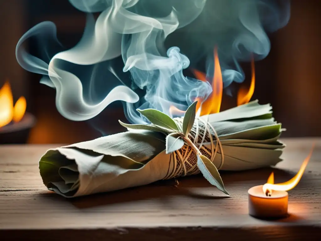 Imagen de ritual de limpieza con salvia blanca ardiendo, con humo ondulante en una habitación tenue, evocando una atmósfera espiritual y mística