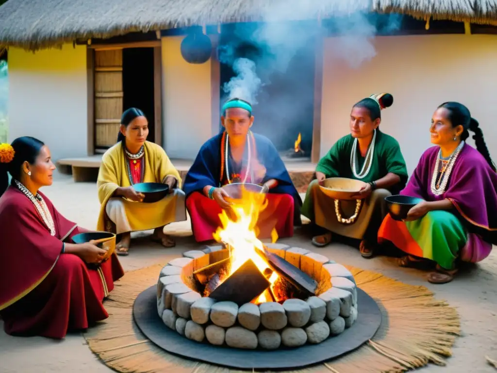 Imagen de un ritual maya con un chamán y participantes en un entorno cálido y tradicional, evocando rituales gastronómicos sagrados mundo