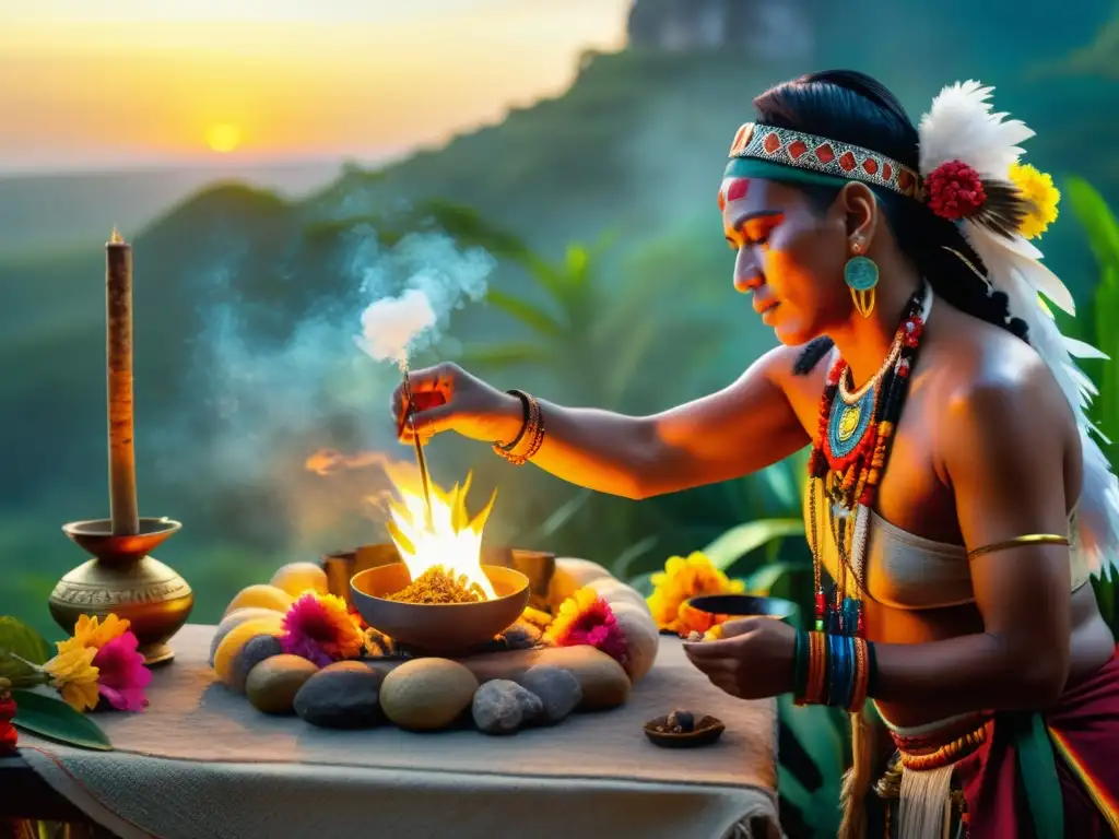 Imagen 8k de un ritual maya al amanecer con un chamán realizando una ceremonia de incienso y esencias, en medio de la exuberante selva