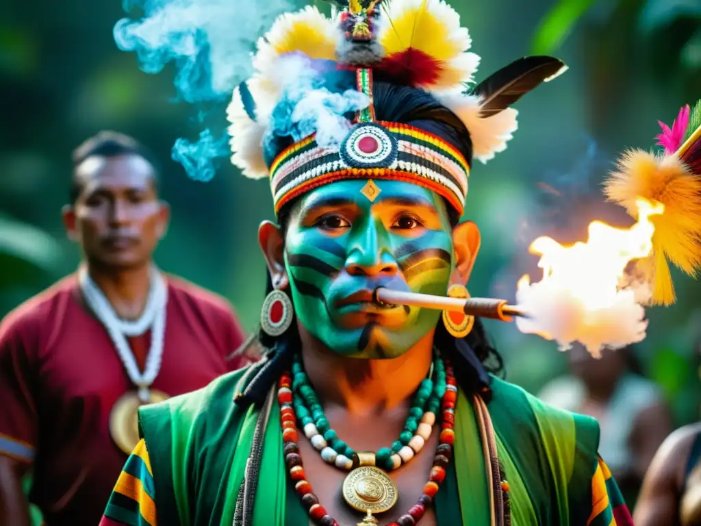 Imagen de un ritual maya de prosperidad en la selva, con un chamán y aldeanos en trajes tradicionales