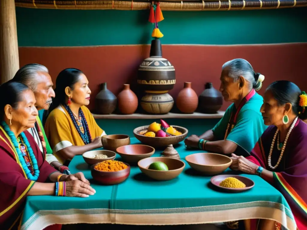 Imagen de un ritual maya con rituales gastronómicos sagrados mundo en un templo iluminado por antorchas, lleno de frutas exóticas y cerámica humeante