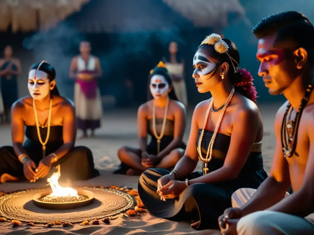 Imagen de un ritual de muerte y renacimiento con hombres y mujeres participando en roles distintos