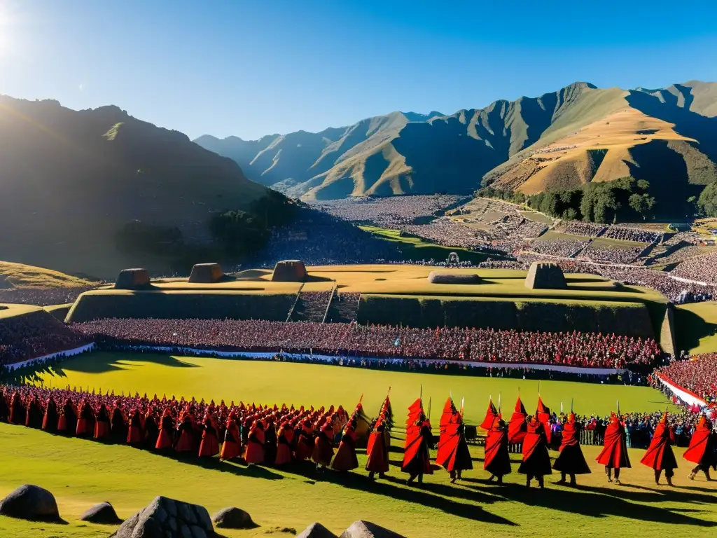 La imagen muestra el ritual solar sagrado del festival Inti Raymi en Cusco, con las ruinas incas de Sacsayhuaman y el corazón de los Andes al fondo