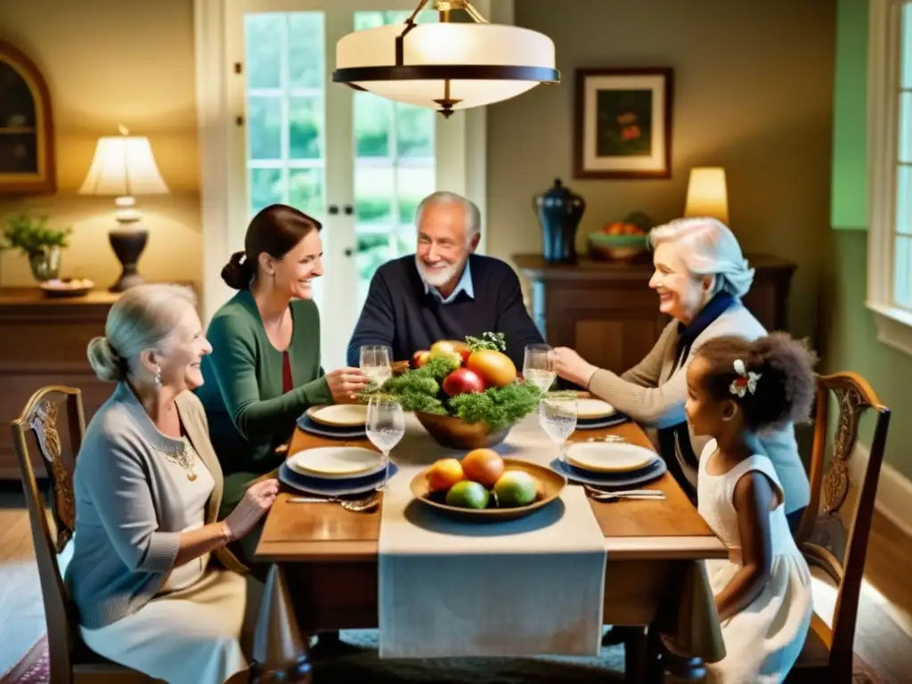 Una imagen de rituales familiares preservando tradiciones en el hogar, con una reunión multigeneracional alrededor de una mesa bellamente decorada