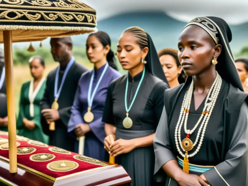 Imagen de rituales funerarios de diferentes culturas, con detalles ceremoniales y expresiones solemnes en un entorno culturalmente rico y sereno