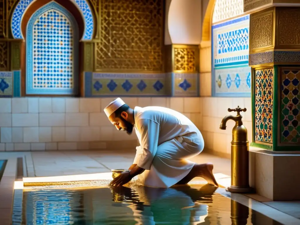 Imagen de rituales de limpieza musulmanes vida cotidiana: Persona realizando Wudu en hermosa mezquita iluminada con azulejos vibrantes y agua fluyendo