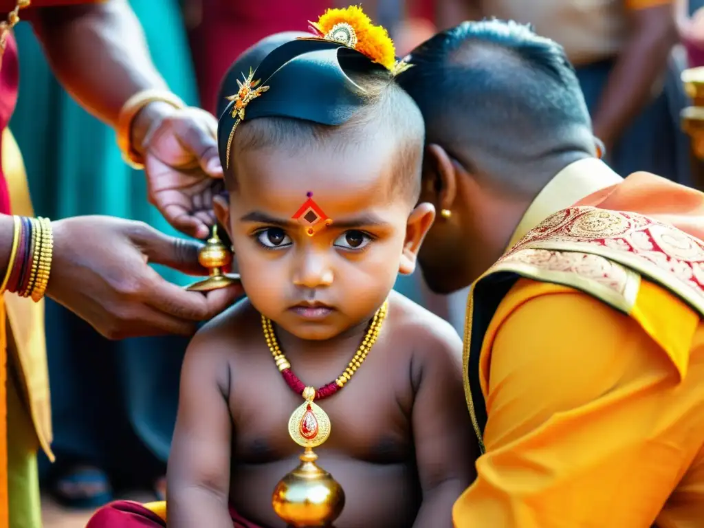 Imagen de un sacerdote hindú realizando el ritual Karnavedha en un niño, rodeado de símbolos religiosos y ofrendas