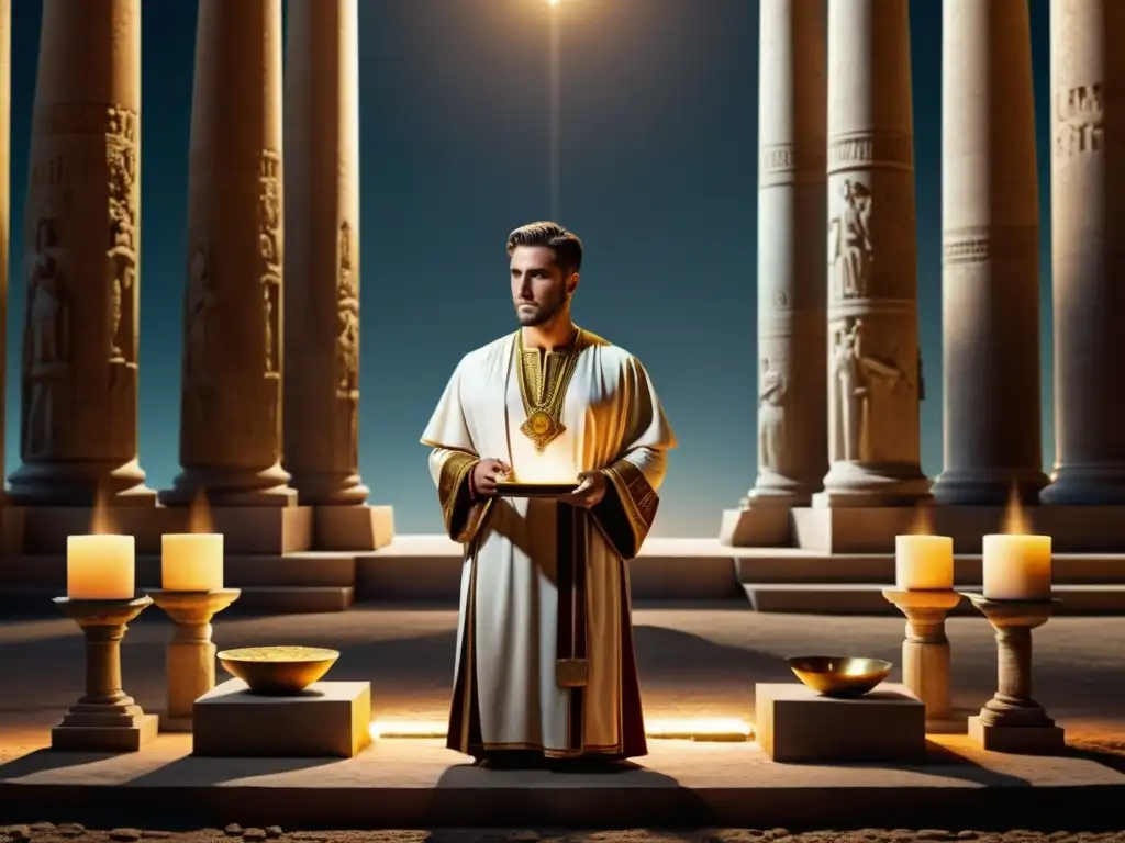 Imagen de un sacerdote romano realizando un ritual en el Templo de Júpiter con detalles detallados