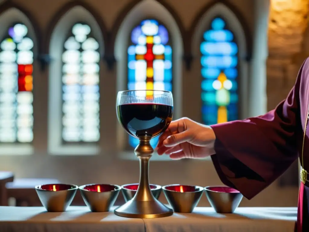 Imagen sagrada: sacerdote vierte vino rojo de la copa en rituales cristianos, con luz de vitrales