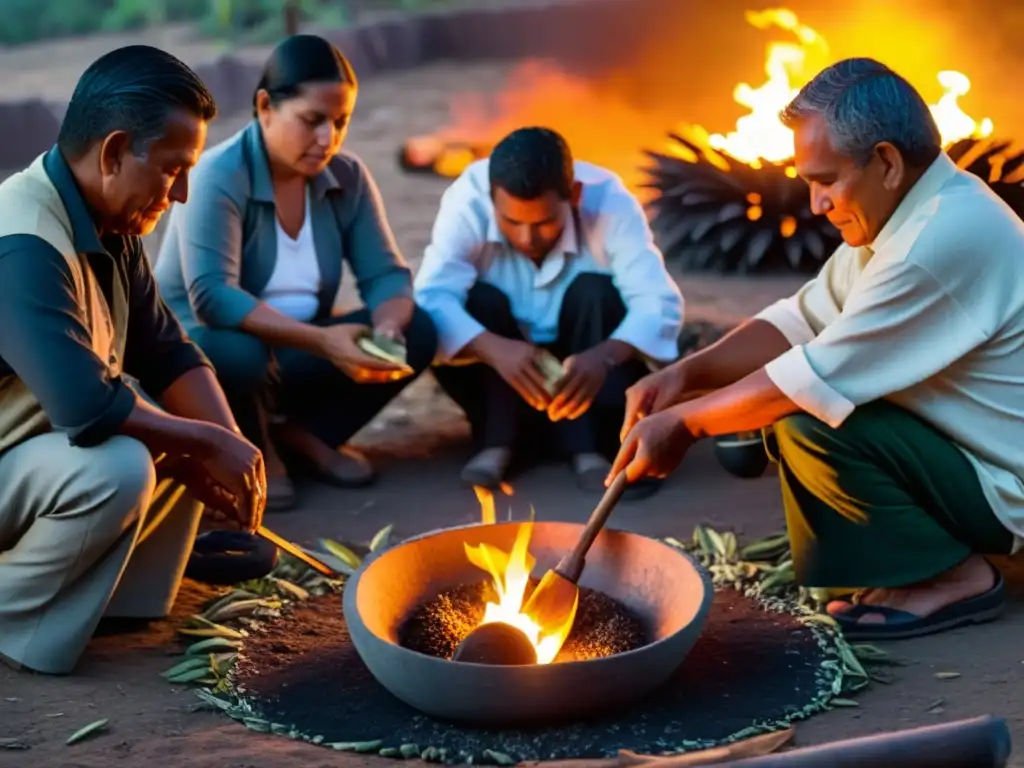 Imagen de un sagrado ritual oaxaqueño de mezcal al anochecer, con locales preparando el agave alrededor de un pozo humeante