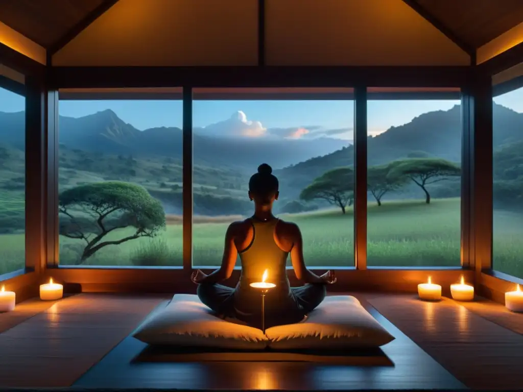 Imagen 8k de una sala de meditación serena con paisaje natural