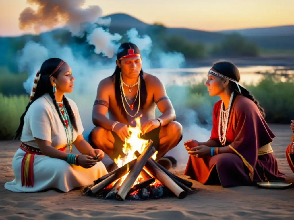 Imagen de sanadores nativos realizando rituales de sanación ancestral alrededor de una hoguera sagrada, con humo y paisaje natural sereno