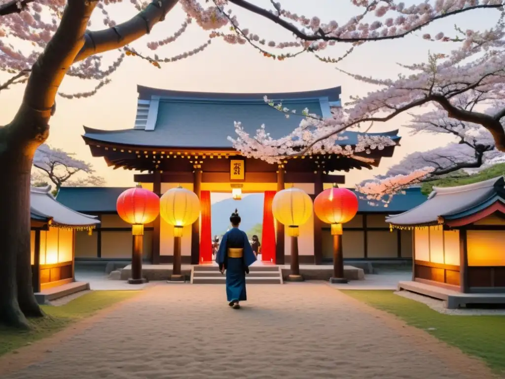 Imagen de un santuario Shintoísta con rituales sintoístas en festividades japonesas, rodeado de sakuras y faroles de papel