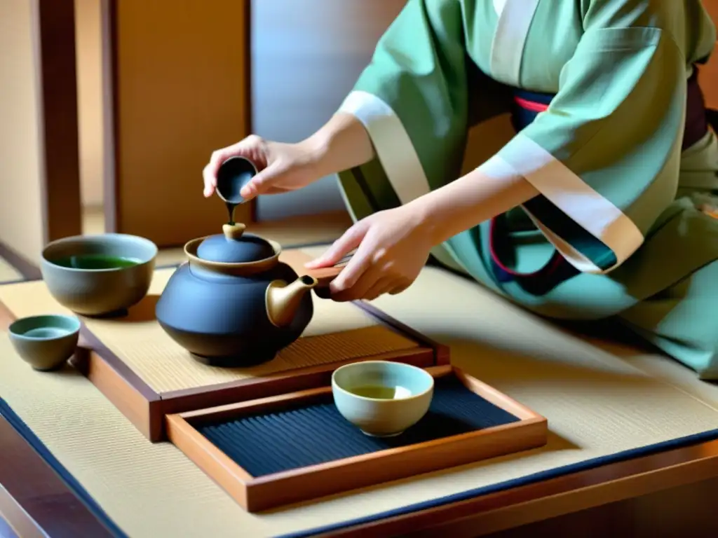 Imagen de una serena ceremonia del té japonesa, resaltando el significado ritual de la limpieza en la cultura japonesa